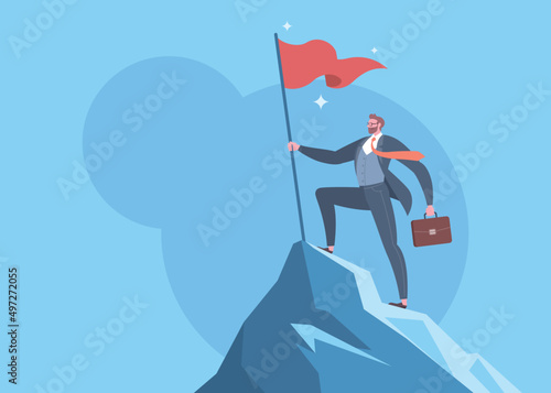 Execution success, Business goals, achieve target, successful career or victory concept. Businessman is standing on the top of mountain peak and holding flag as a conqueror in blue background.