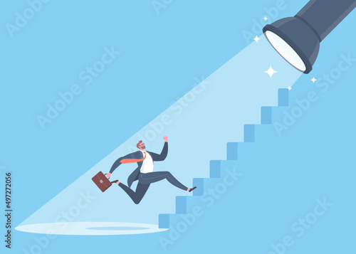 Live coaching, business consulting, HR recruitment, career navigation or guideline to success concept. Businessman is running on stair step towards light beam from flashlight in blue background.