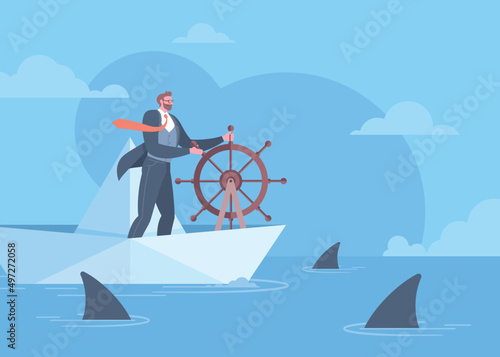 Execution to success, crisis management, problems solving or leadership concept. Businessman controlling the navigation of paper boat through shiver of sharks in blue background.