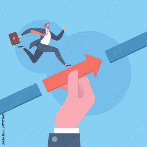 Live coaching, business consulting, career support services or business support services concept. Hand fill the gap with the arrow to help a businessman to keep running forward in blue background.