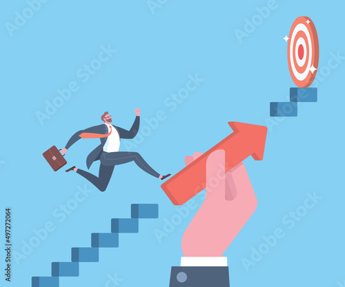Live coaching, business consulting, career support services or steps to success concept. Hand fill the gap with the arrow to help a businessman to keep running toward to target in blue background.