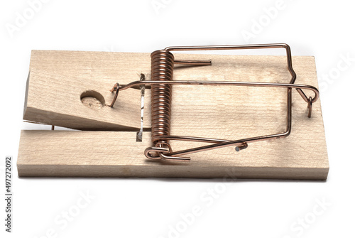 Closeup wood rat trap mousetrap white background