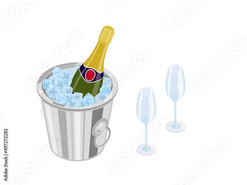Closed bottle of champagne in a bucket with ice and two empty glasses