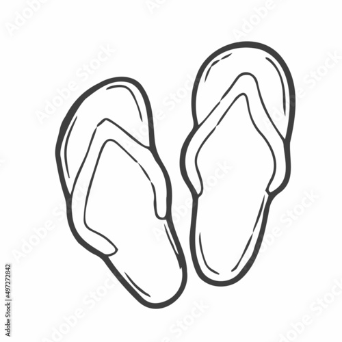 Flipflops pair for hot summer seashore and relax on the hot beach sand. Comfortable outdoor sandal shoes for holiday. Hand drawn retro vintage monochrome vector illustration. Old style comics drawing.