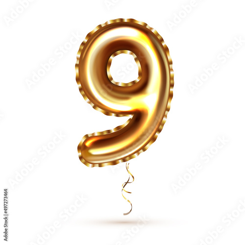 3d realistic golden balloon number nine with ribbon for decoration design.