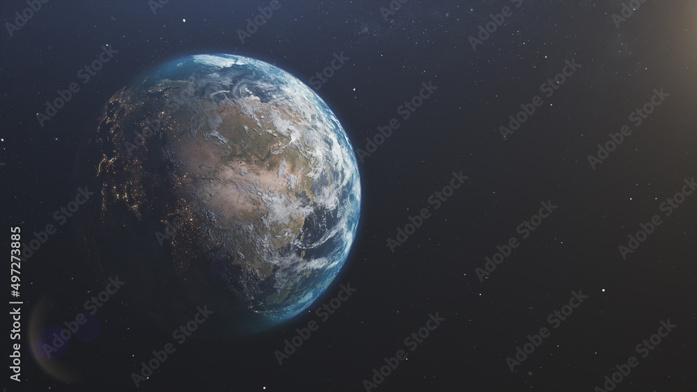 Planet Eart.Realistic planet Earth high resolution. Planet earth view from space. The rotation of the earth around the sun. View from space on the Eurasia continent.Sunrise over North America. 