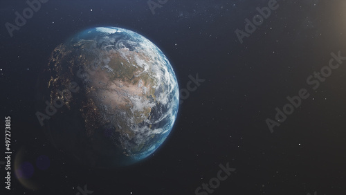 Planet Eart.Realistic planet Earth high resolution. Planet earth view from space. The rotation of the earth around the sun. View from space on the Eurasia continent.Sunrise over North America. 