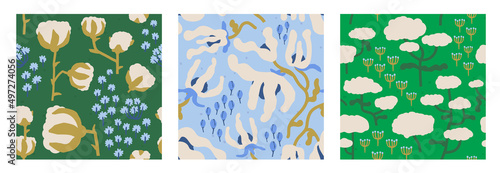 Various Branches with Cottons, Tulips and Hydrangea. Set of three floral seamless patterns. Rust spring garden print. Perfect for interiors and fabric, for paper and packaging. All items are isolated