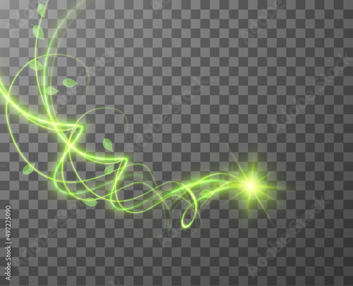 Green spiral spring wind effect with green star and leaves particles on checkered background. Vector eps10