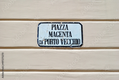 Close Up of  Italian Street Sign Translated as  Magenta Square-Old Port  