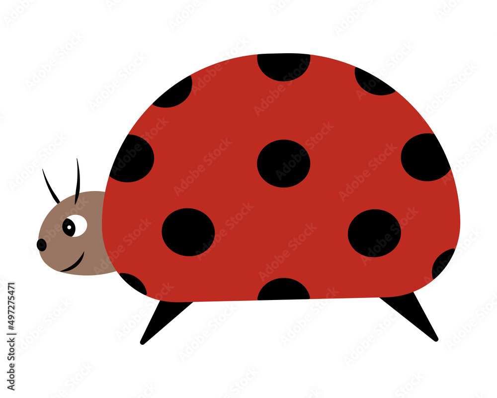 Fototapeta premium Ladybug. An insect with black spots on a red back. Color vector illustration. A cute creature with a mustache. Side view. Isolated background. Flat style. Idea for web design, invitations, postcards.