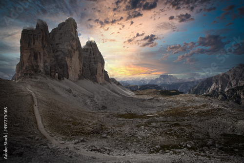 Warm sundown light and clouds. View on Tre Cime - Drei Zinnen fr photo