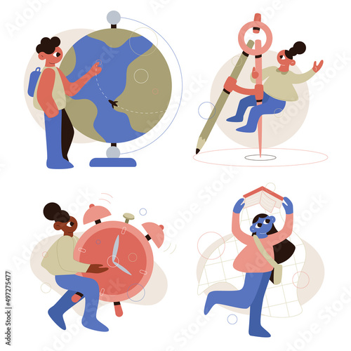 Set vector flat cartoon illustrations. Illustrations on a school theme. School subjects and students.