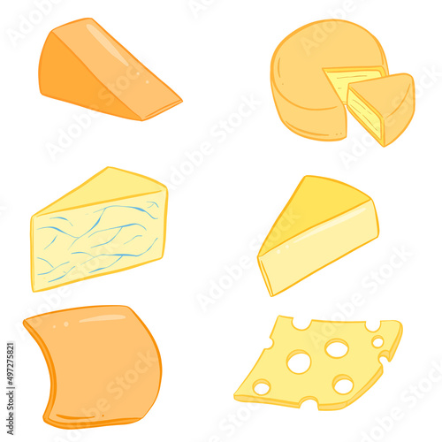 Collection of different shaped cheeses like a slice a wedge and a wheel illustration vector