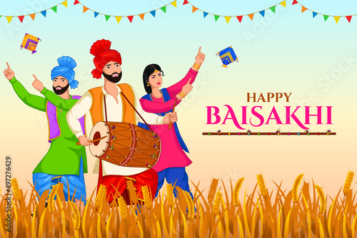 Happy Baisakhi, wheat field for Punjabi harvest festival Vaisakhi