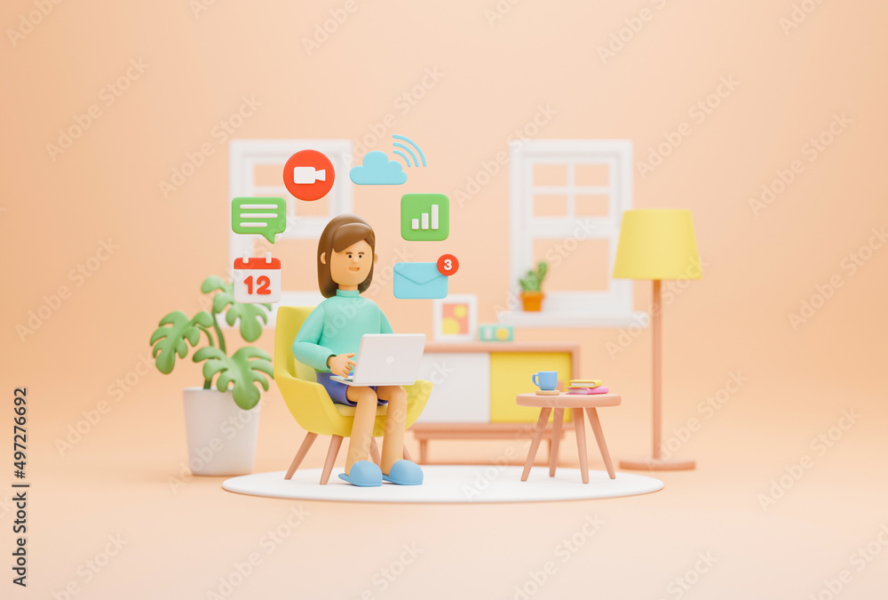 Work from home office quarantine. Freelancer character working business from home using remotely laptop computer video call online webcam conference meeting creative group. 3d rendering. Work from home office quarantine. Freelancer character working business from home using remotely laptop computer video call online webcam conference meeting creative group. 3d rendering.