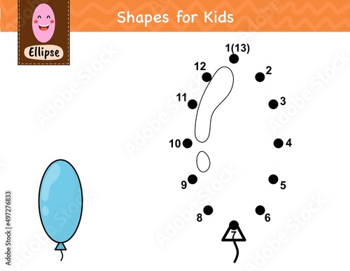 Connect the dots and draw a ballon. Dot to dot number game for kids. Learning ellipse shape activity page for preschool. Puzzle template for children. Vector illustration