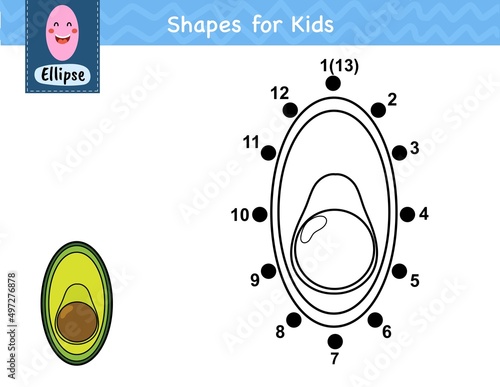 Connect the dots and draw avocado. Dot to dot number game for kids. Learning ellipse shape activity page for preschool. Puzzle template for children. Vector illustration
