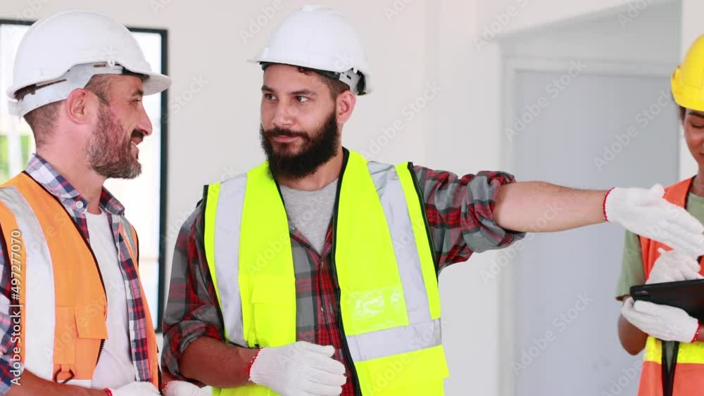 Professional Mechanical Engineer team wearing safety hard hat helmet working in manufacturing factory under construction site. Professional Mechanical Engineer team wearing safety hard hat helmet working in manufacturing factory under construction site.