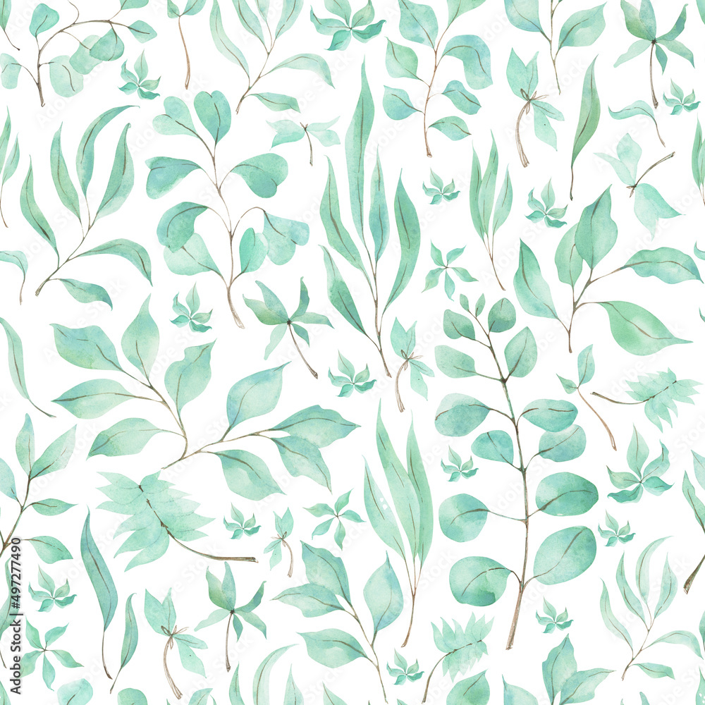 Fototapeta premium Seamless pattern with watercolor leaves of eucalyptus isolated on white background