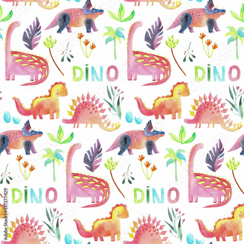 Watercolor childish seamless pattern with dinosaurs and plants. © Yana Protsenko