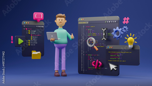 Programmer developer typing script source languages coding symbols icon development project data programming software engineering IT technologies computer. 3d rendering.