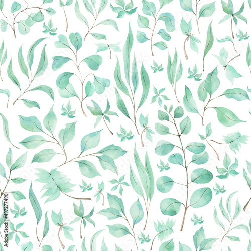 Seamless pattern with watercolor leaves of eucalyptus isolated on white background