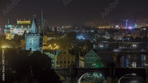 Wallpaper Mural Scenic view of bridges on the Vltava river night timelapse and of the historical center of Prague: buildings Torontodigital.ca