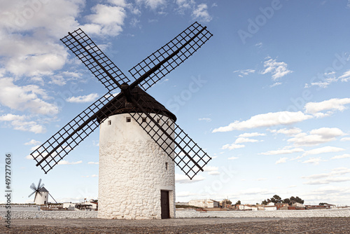front view of famous windmills of a village in Spain.