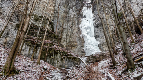 Large frozen icefall in winter forest. Brankovsky waterfall, Slovakia photo