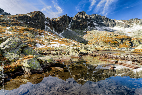 Reflection of peaks on lake in mountain. High Tatras mountains  Slovakia