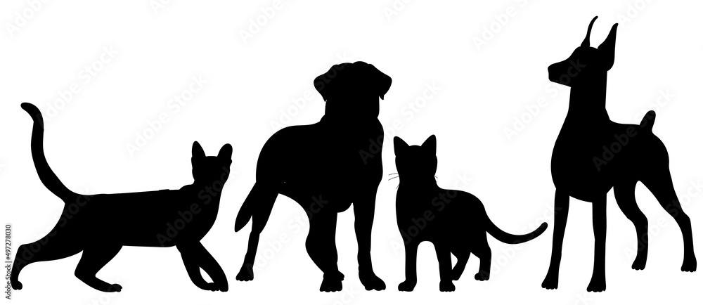 black cats and dogs silhouette isolated