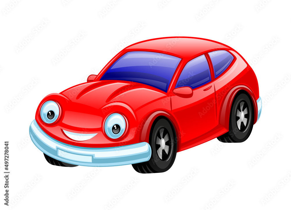 Cute red car isolated on white background.