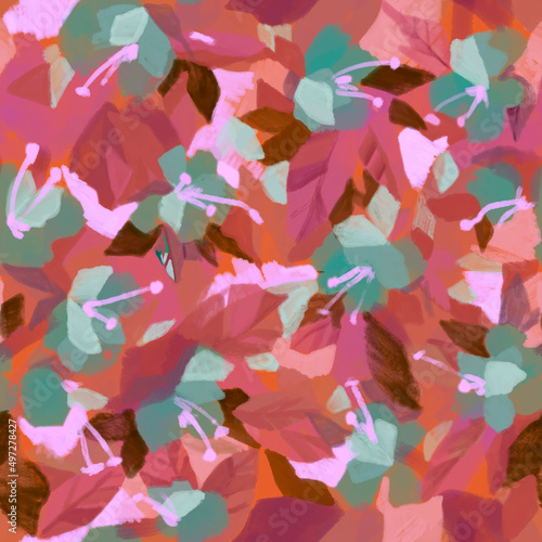 Abstract floral blurred pattern with fantasy exotic flowers and leaves