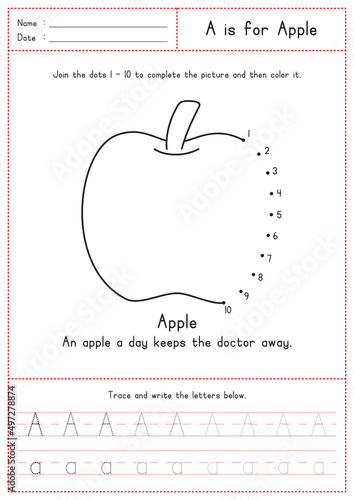 Children Learning Printable - Connecting Dot to Dot, Coloring, Reading and Tracing Alphabet A