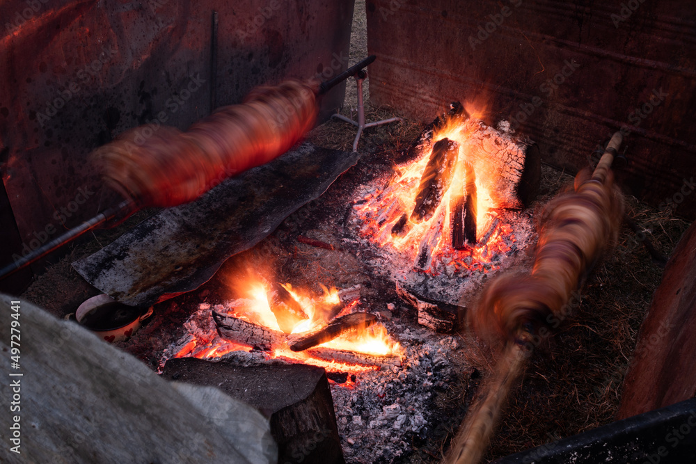 Fototapeta premium Two whole pig roasting on spit next to fire in long exposure