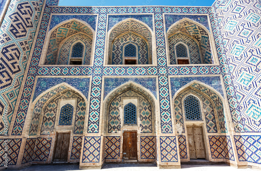 Exterior of the Mir-I-Arab madrasa in the center of Bukhara, Uzbekistan, Central Asia