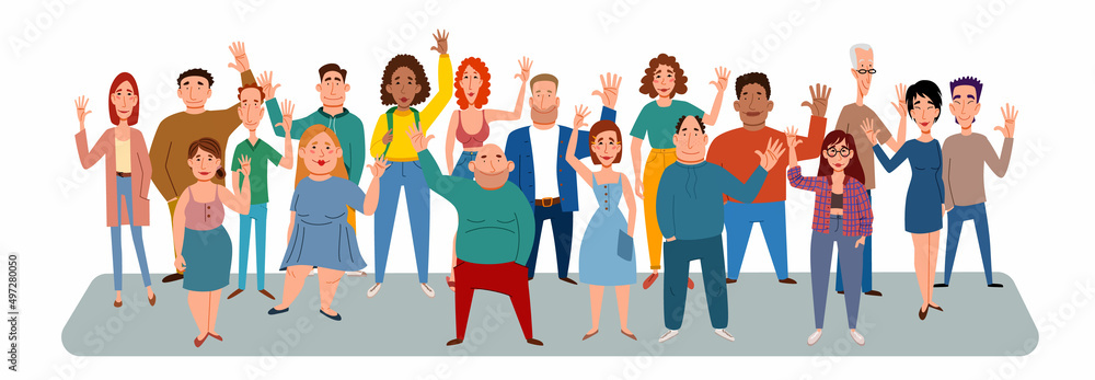 Fashionable men and women in casual clothes say hello. A set of flat vector illustrations with a gesture of greeting people. Fashionable men and women in casual clothes say hello. A set of flat vector illustrations with a gesture of greeting people.