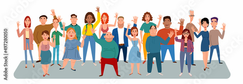 Fashionable men and women in casual clothes say hello. A set of flat vector illustrations with a gesture of greeting people.