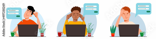 A set of concepts of people thinking on a laptop. Forgot your password and login for the account on the web page. Flat vector illustration.