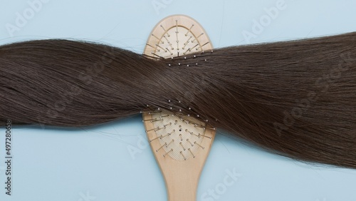 A Lock of brown hair on brush comb on pale blue background | Anti hair fall concept