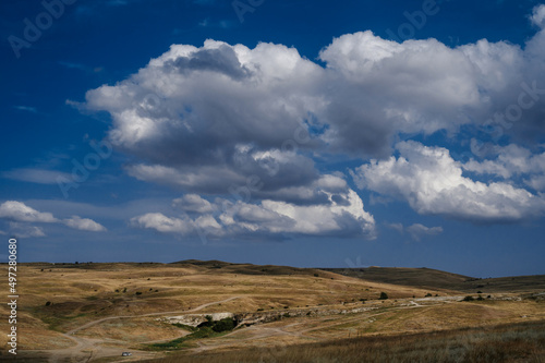 Plain and steppe with dry grass under a blue sky against background of mountains in Crimea © alexkoral
