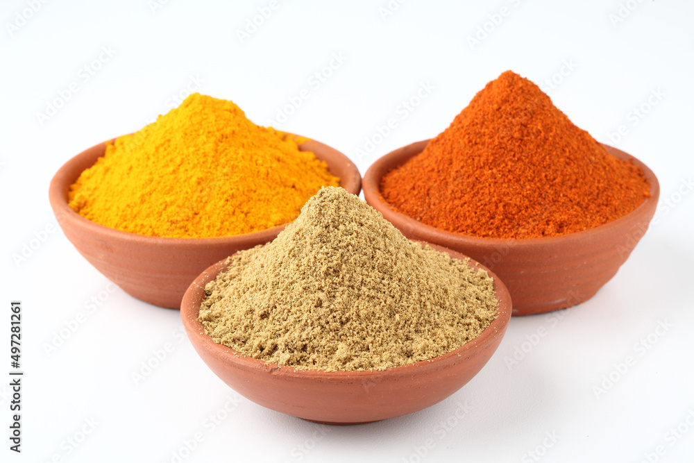 Indian spices, colour full spices in terracotta bowls Indian spices, colour full spices in terracotta bowls