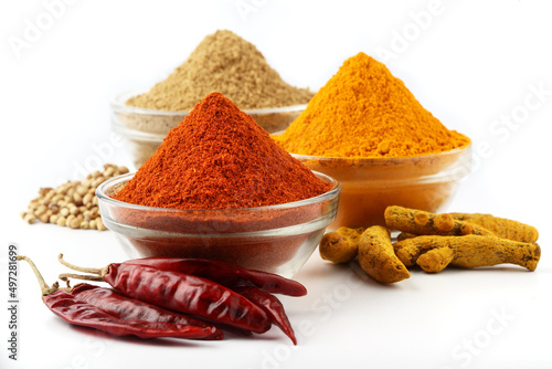 Fototapeta Naklejka Na Ścianę i Meble -  spices,Indian spices, color full spices in glass bowls Chilee,Turmeric, Coriander powders