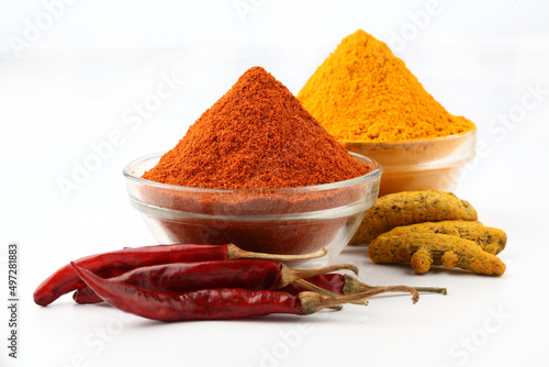 Fototapeta Naklejka Na Ścianę i Meble -  spices,Indian spices, color full spices in glass bowls Chilee,Turmeric, Coriander powders