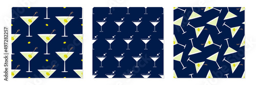 Set, collection of three vector seamless pattern backgrounds with martini cocktail in glasses with olives.
