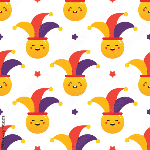 April Fools Day vector cartoon style seamless pattern background with cute smiling characters in jester hats and stars.
