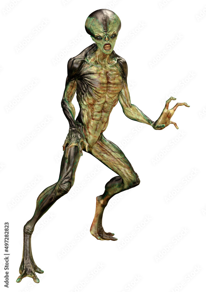 3D Rendering Green Alien on White 3D Rendering Green Alien on White