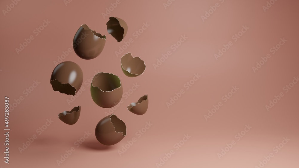 Fototapeta premium Chocolate eggshells broken into pieces and flying in the air in zero gravity, on a pink background