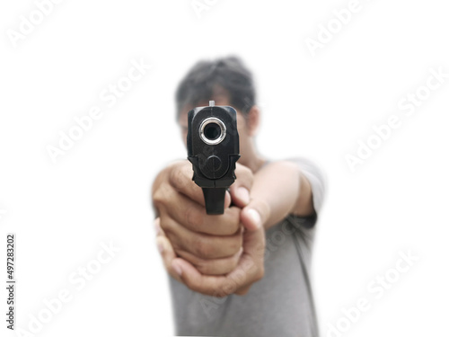 Man holding a gun in his hand with white background